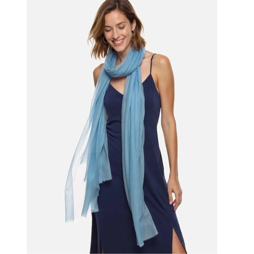 NWOT Cashmere Scarf Wrap Featherweight Tissue Weight Periwinkle Blue Ovcio
